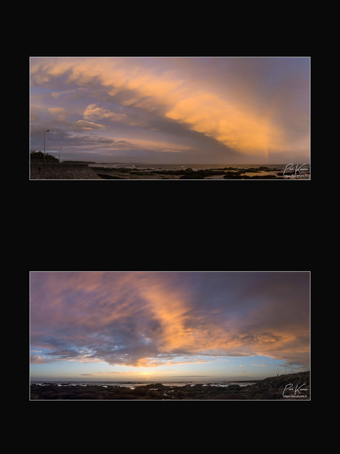 nuages mammatus, soleil couchant à Mousterlin : diptyque vers l'est, vers l'ouest